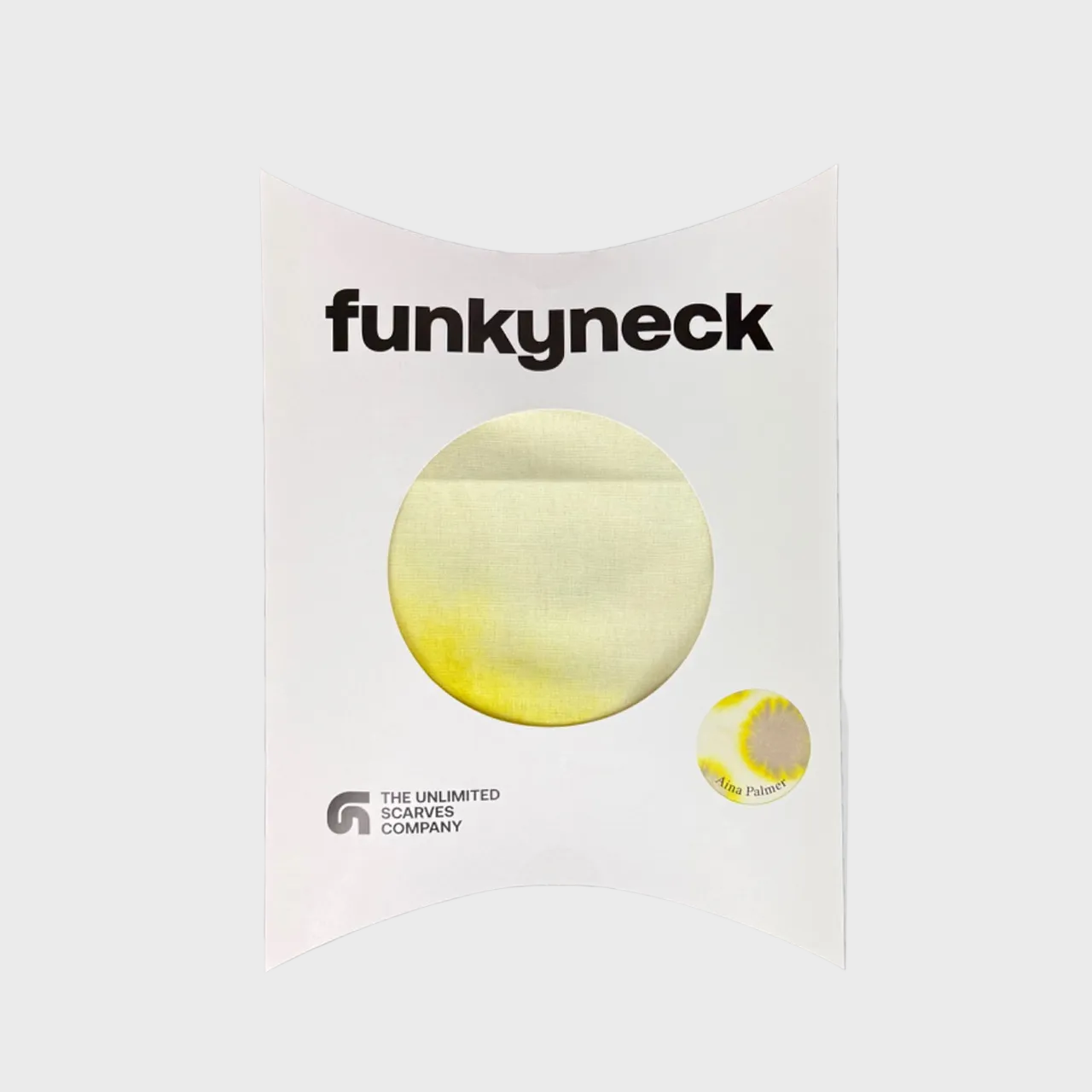 Packaging del fular Honey gris, amarillo y beige de FunkyNeck