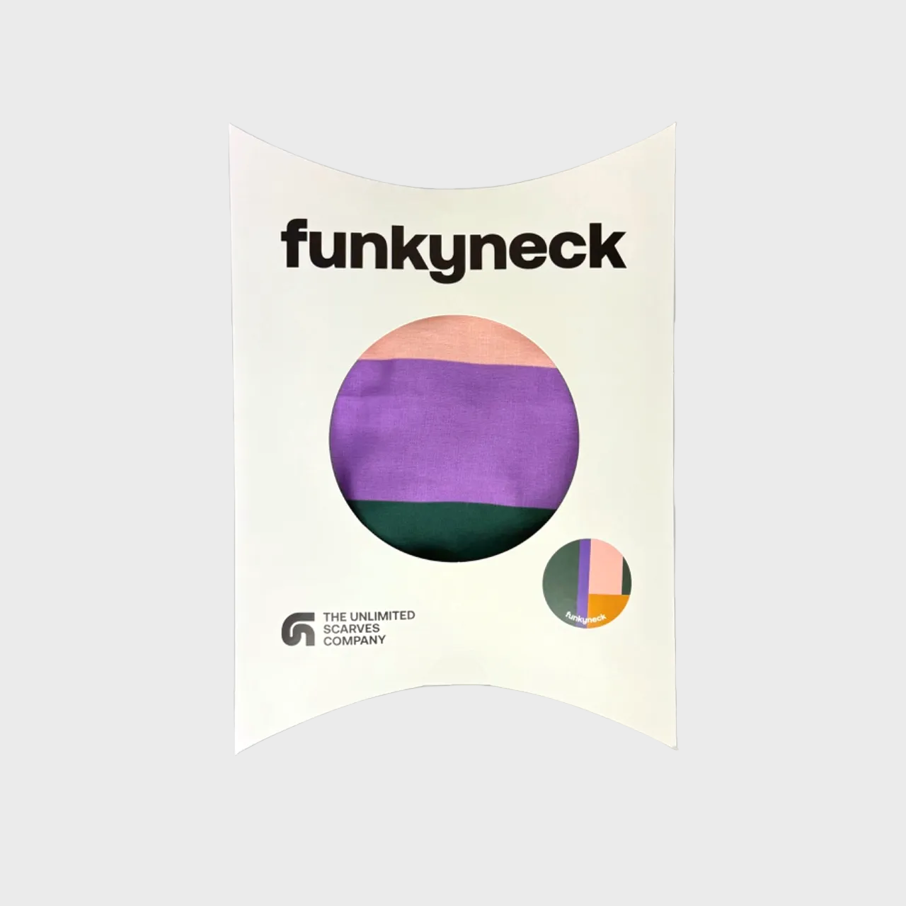 Packaging del fular Oblicua verde, rosa, mostaza y violeta de FunkyNeck