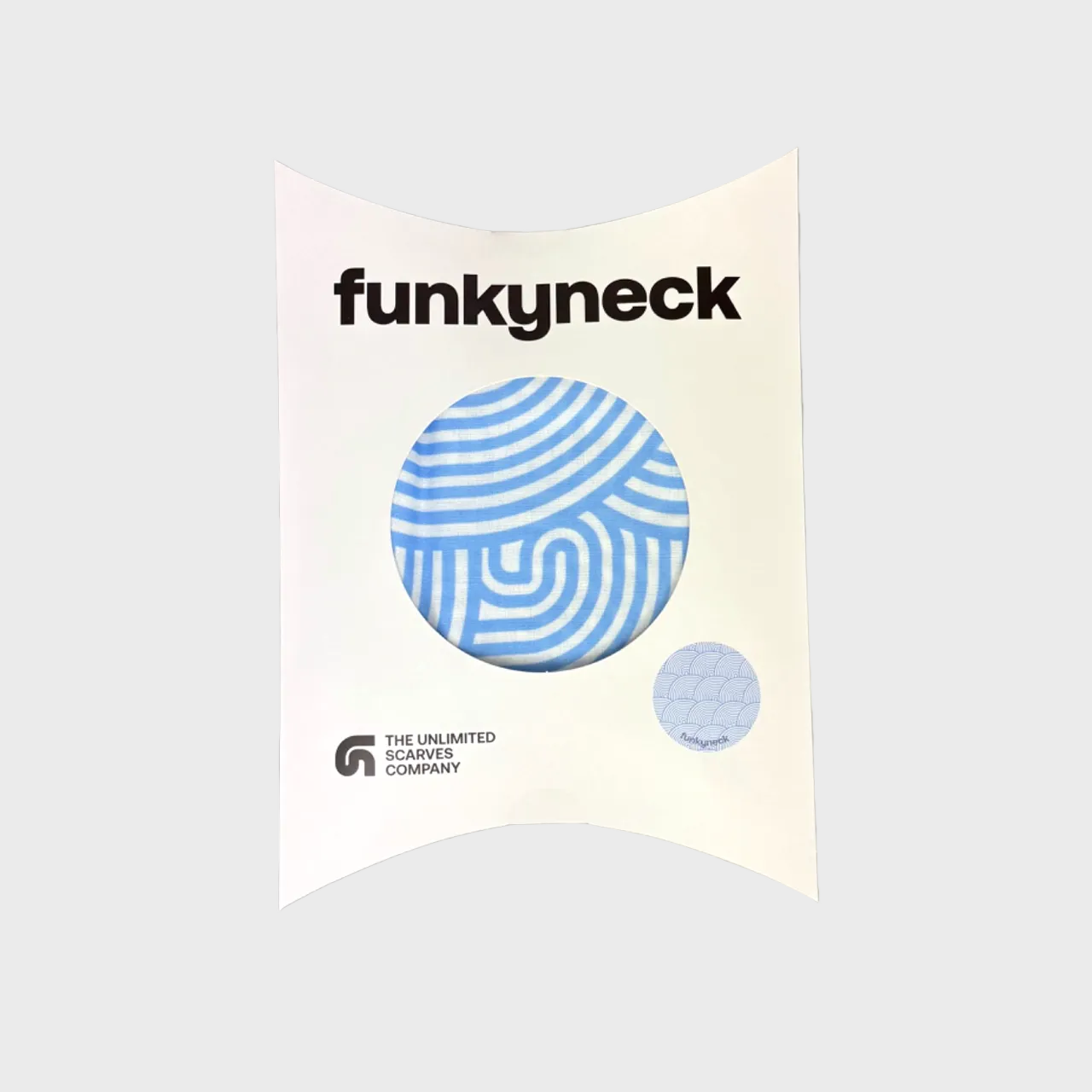Packaging del fular Ona Blue azul y beige de FunkyNeck