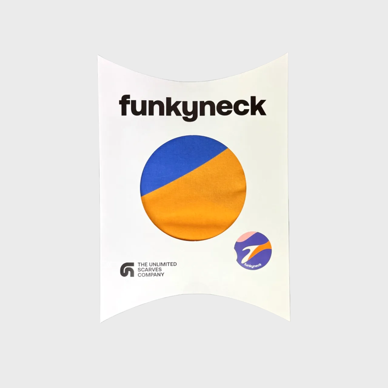 Packaging del fular Coral azul, rosa, beige y naranja de FunkyNeck