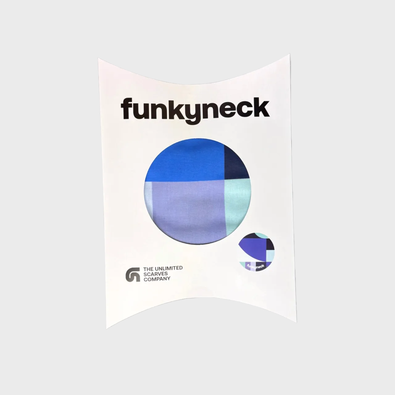 Packaging del fular Esfera azul marino, azul, celeste, blanco y lila de FunkyNeck