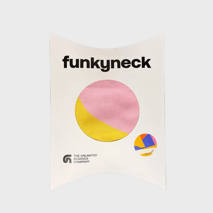 Packaging del fular Ronda azul, naranja, amarillo, rosa y blanco de FunkyNeck