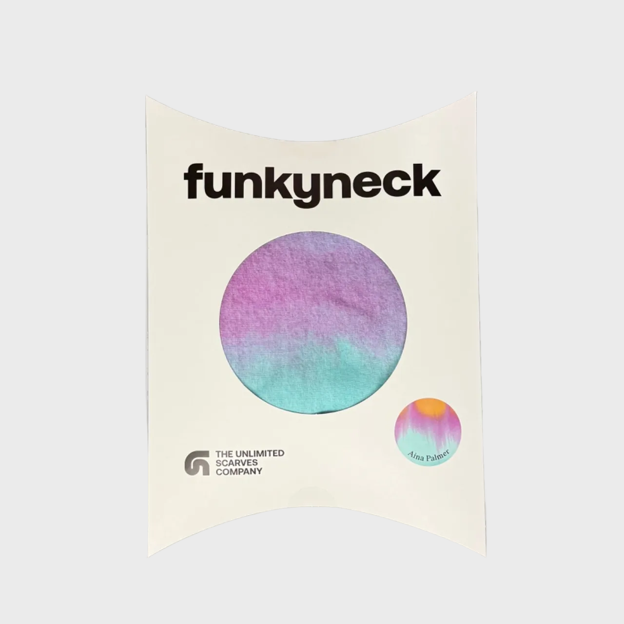 Packaging del fular Aqua azul agua, lila y mostaza de FunkyNeck