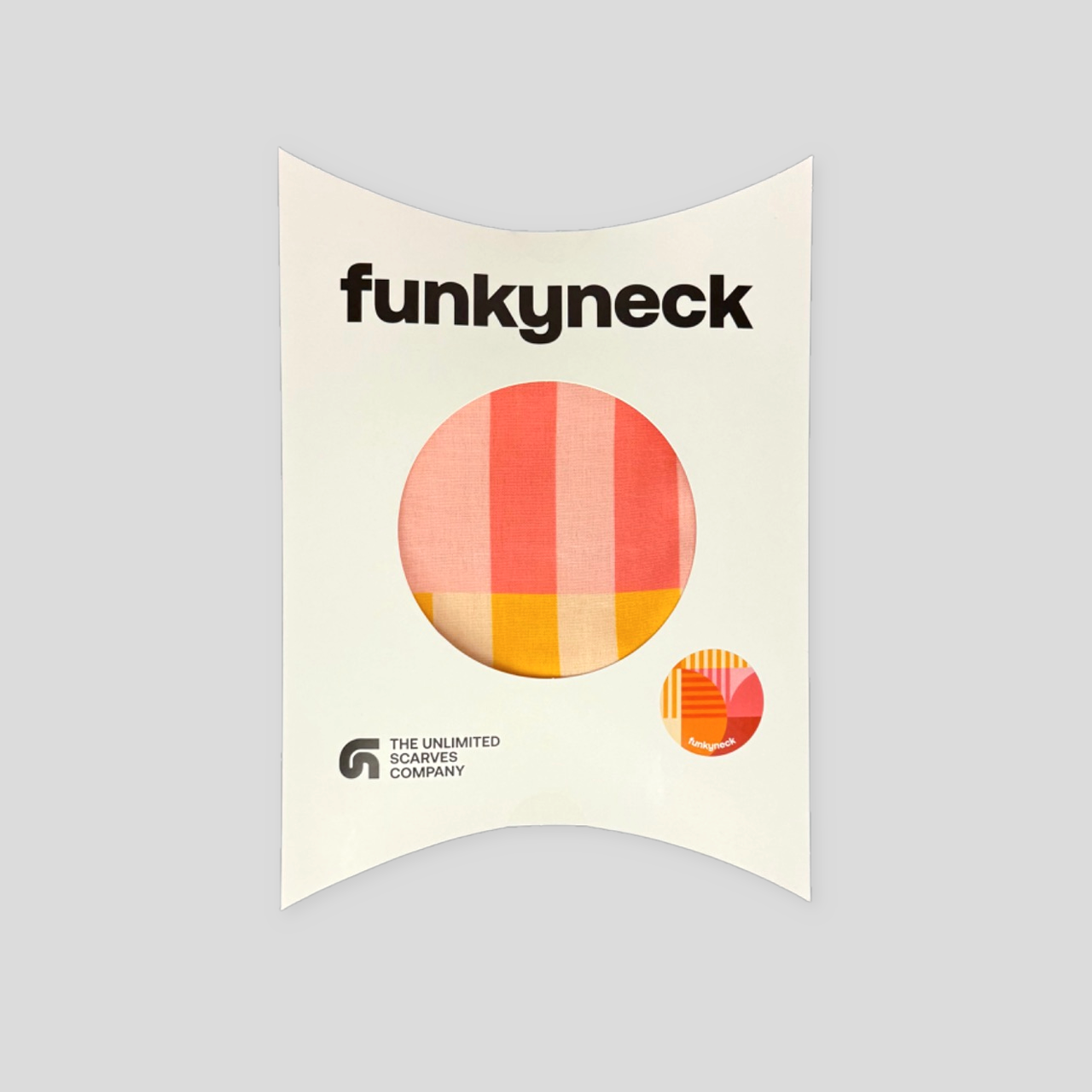 Packaging del fular Simetra naranja, rojo, rosa, beige y blanco de FunkyNeck