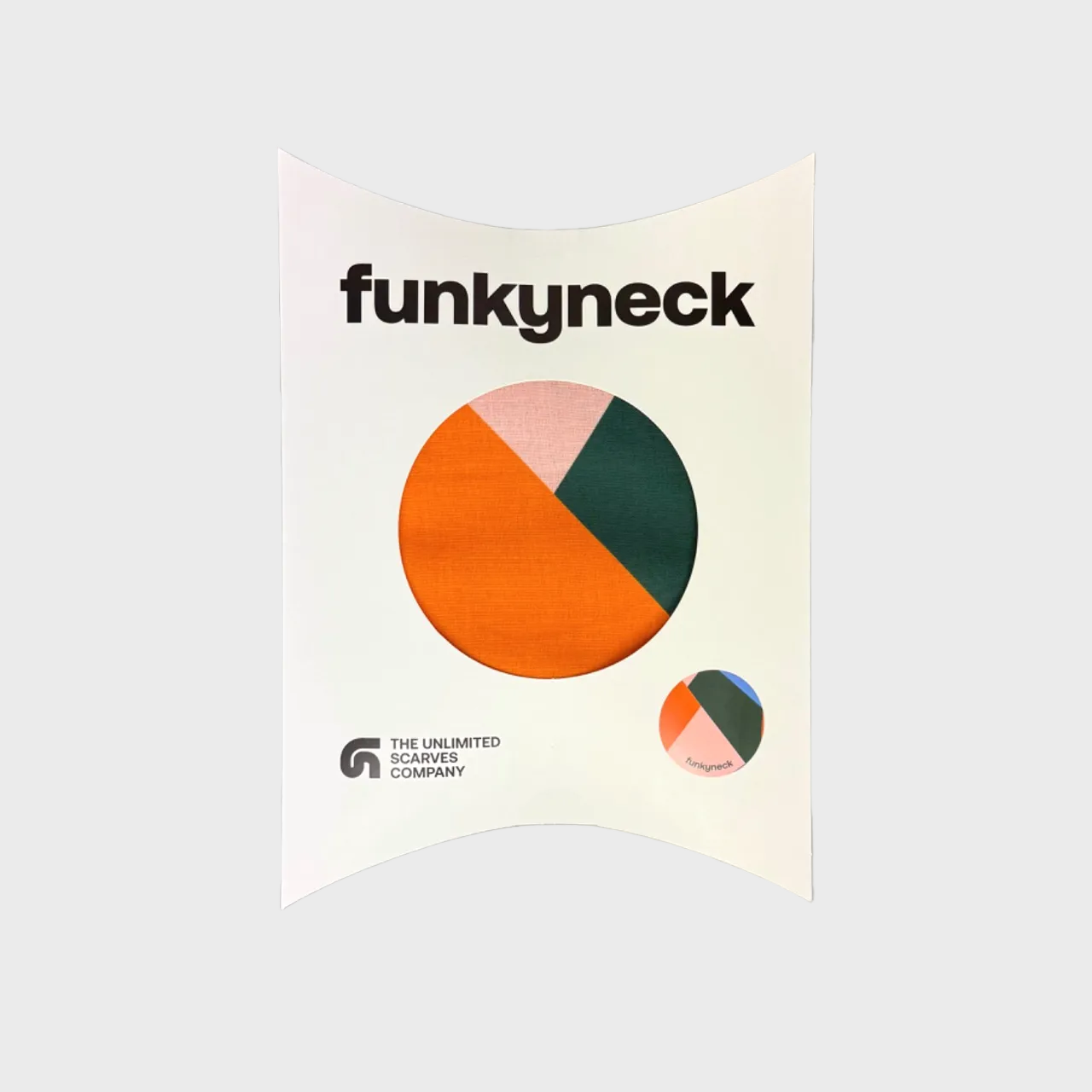 Packaging del fular Escuadra naranja, rosa, azul, verde, violeta y negro de FunkyNeck