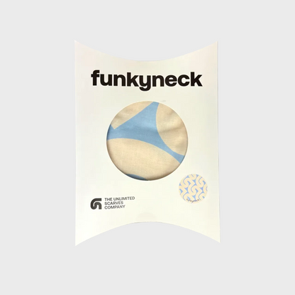 Packaging del fular Unida Blue azul y beige de FunkyNeck