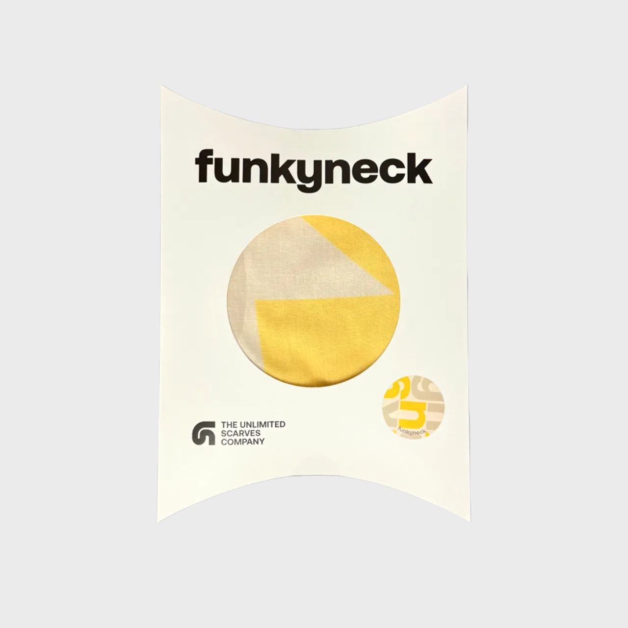 Packaging del fular Caracter amarillo gris y beige de FunkyNeck