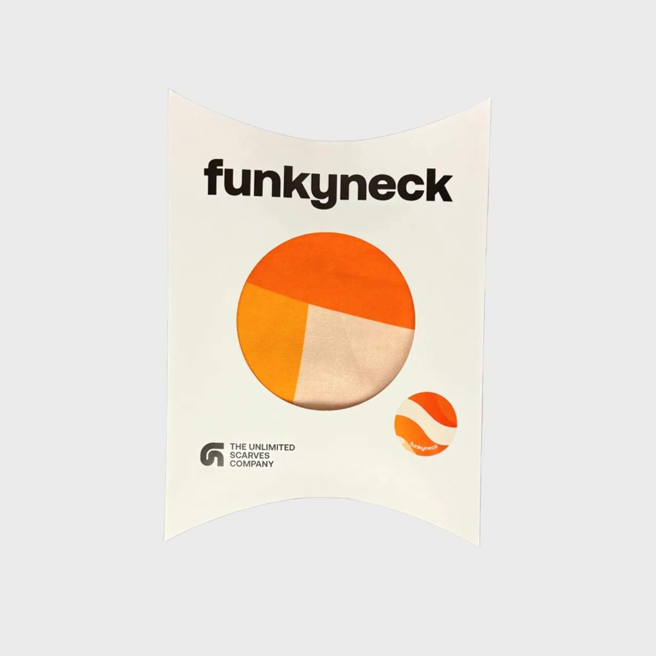 Packaging del fular Solana naranja, beige, melocotón y fucsia de FunkyNeck
