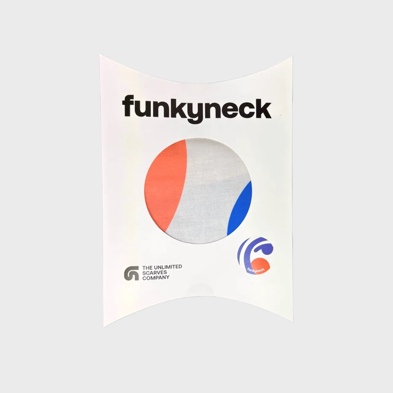 Packaging del fular Marina azul, beige y naranja de FunkyNeck