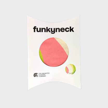 Packaging del fular Olivada verde, verde claro, beige y rosa de FunkyNeck