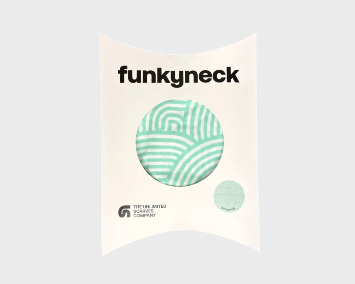 Packaging del fular Ona Green verde y beige de FunkyNeck